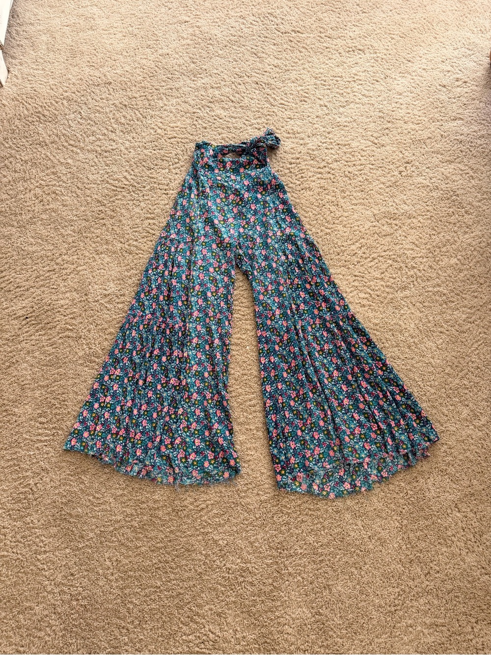 Free People Teal Floral Wide-Leg Tie-Waist Pants